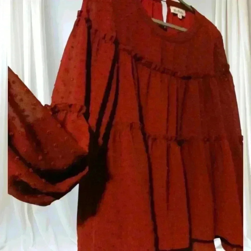 Boho maroon tiered flowy Whimsygoth blouse balloon sleeves lined - Picture 2 of 10